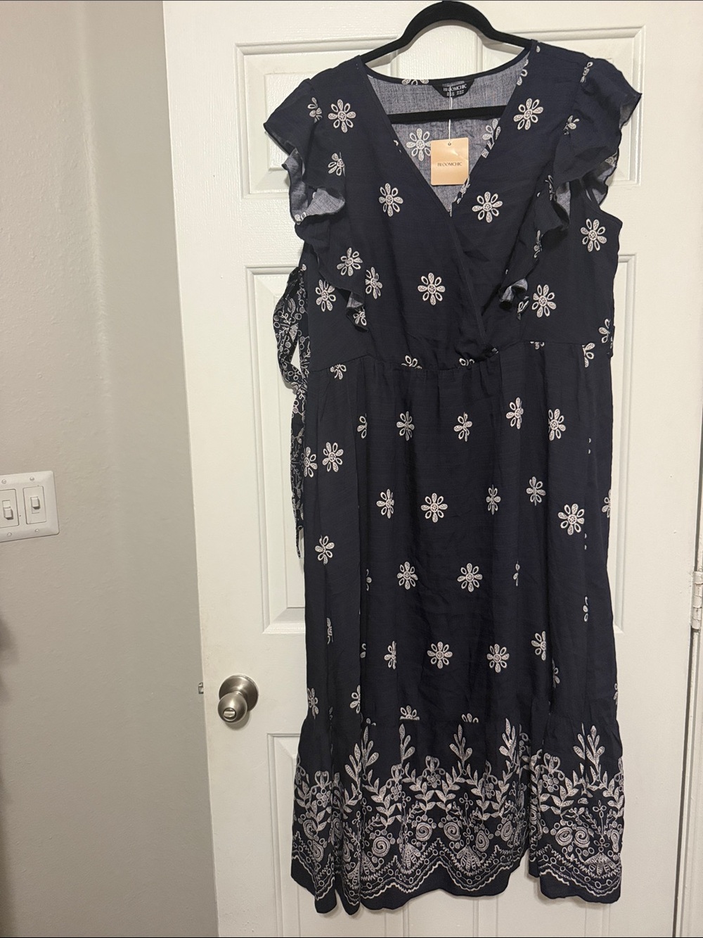 BloomChic Navy Dress with White Floral Embroidery